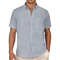 Alimens & Gentle Mens Linen Shirt Short Sleeve Casual Cotton Button-Down Shirts Collared Summer Beach Shirts, Lividity, Large
