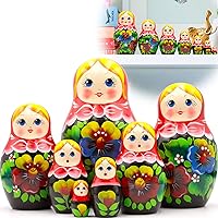 AEVVV Russian Nesting Dolls Set of 7 pcs - Matryoshka Dolls in Red Head Scarf and Sarafan Dress with Pansy Flowers - Handmade Russian Dolls Nesting Dolls