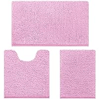 HOMEIDEAS 3 Pieces Bathroom Rugs, Ultra Soft Non Slip Absorbent Chenille Toilet Bath Mat Set (Pink)