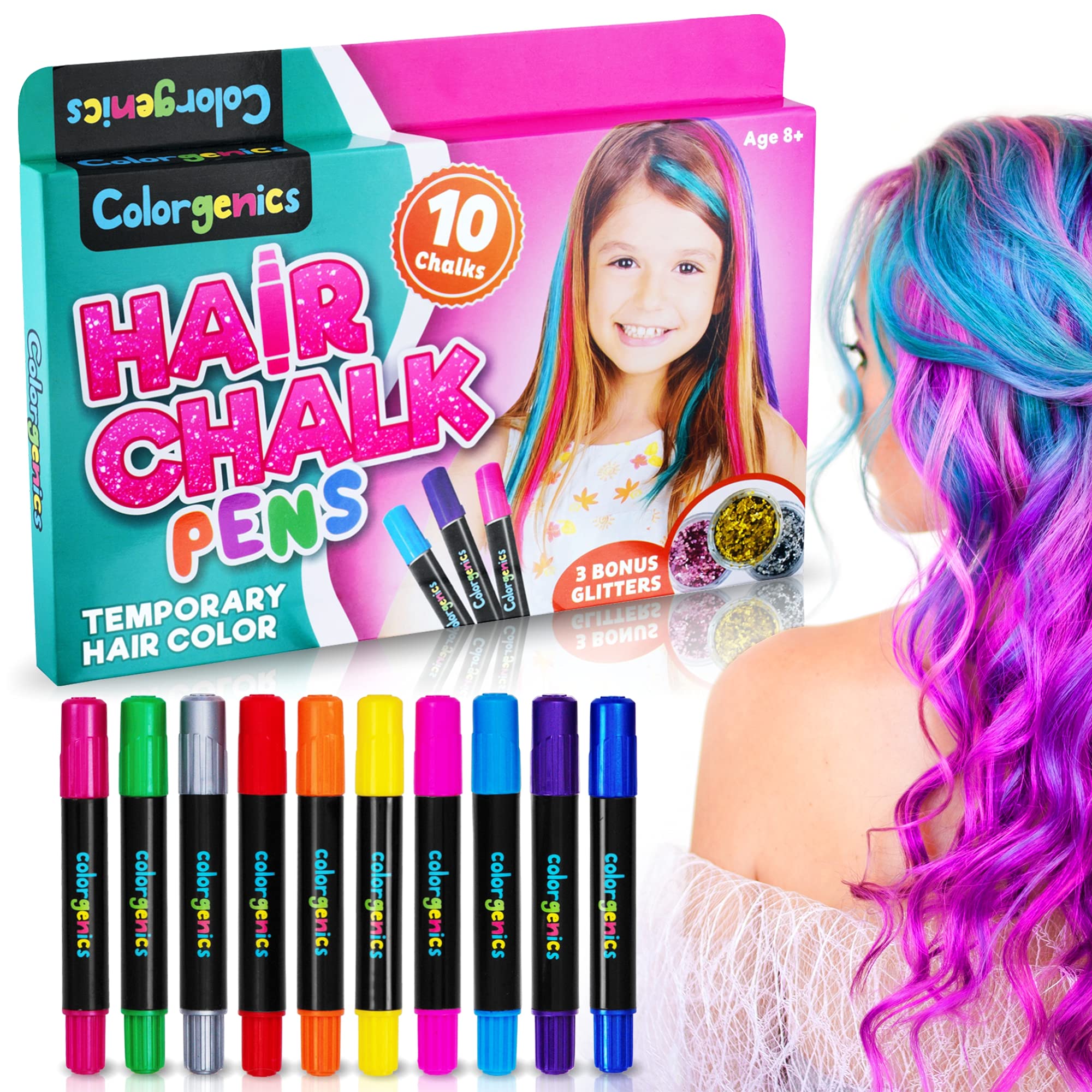 Mua Colorgenics Hair Chalk for Girls, Temporary Hair Chalk for Kids, 10 Color  Hair Chalk Pens and Glitters, Non Toxic Washable Temporary Hair Color for  Kids, Hair Dye for Kids, Birthday Gifts
