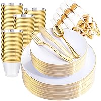 Rubtlamp 140Pcs Gold Plastic Plates,White Plates with Gold Rim,Gold Disposable Dinnerware Include 20Dinner Plates, 20Dessert Plates,20Pre Rolled Napkins with Gold Cutlery and 20Cups for Party