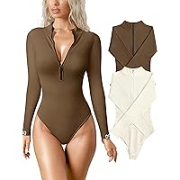 OQQ Women's 2 Piece Bodysuits Sexy Ribbed One Piece Zip Front Long Sleeve Tops Bodysuits