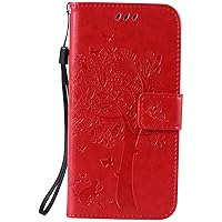 (Sleep Bear) Samsung Galaxy S7 Phone Case, Embossed Animal Pet Cat and Tree Butterfly Pattern Portable PU Leather Credit Card Slots Wallet Flip Phone Cover+Stylus-Red
