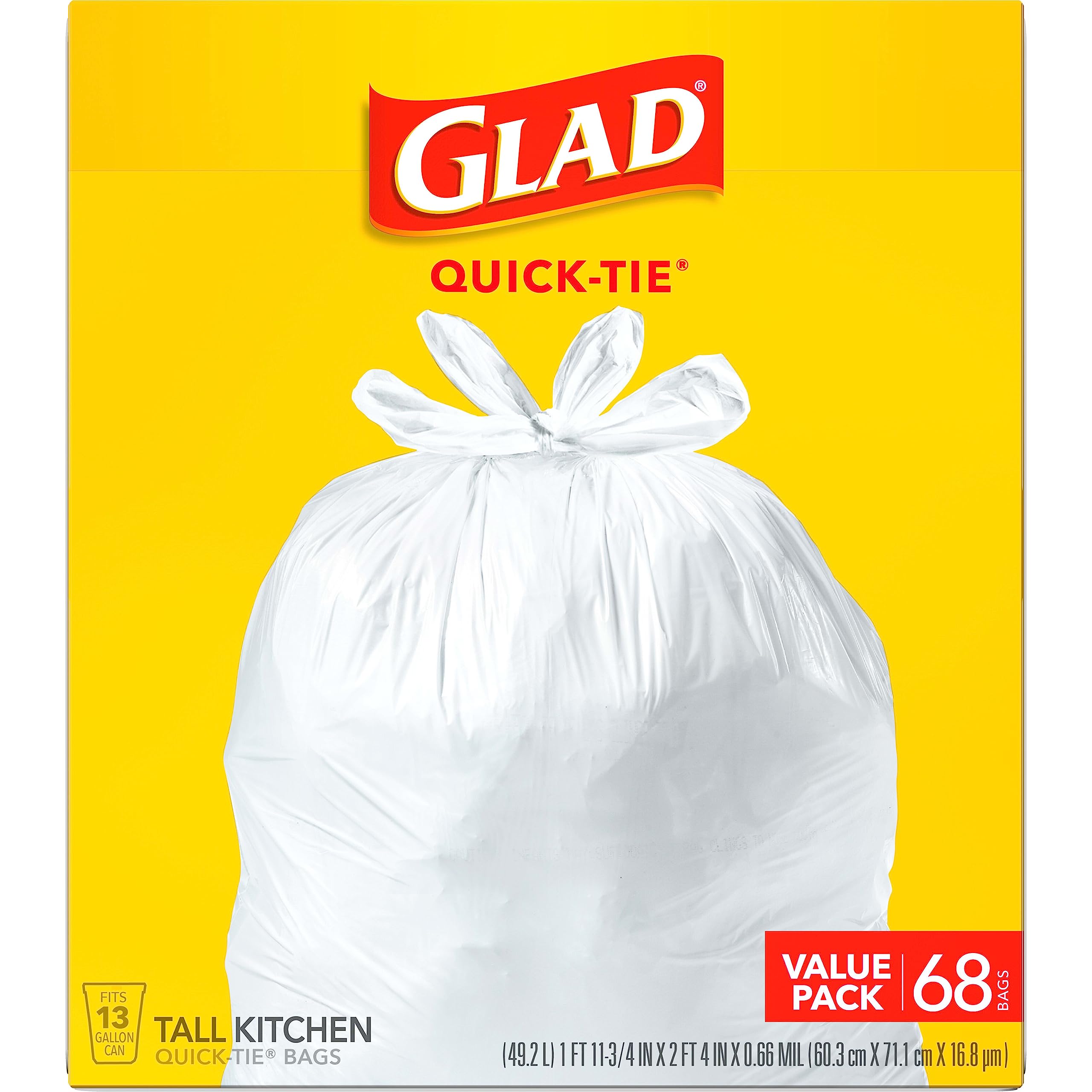 Glad Tall Kitchen Quick-Tie Trash Bags, 13 Gallon, White, 68 Count, Pack May Vary