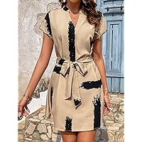 Dresses for Women Brush Print Batwing Sleeve Belted Dress (Color : Khaki, Size : X-Small)