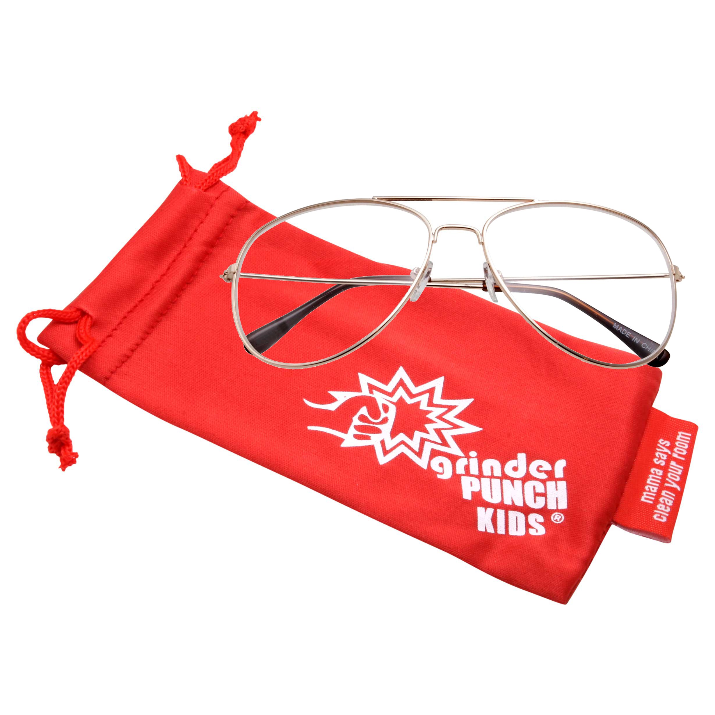 grinderPUNCH Kids Size Non-Prescription Gold Aviator Glasses Clear Lens Oversized (Age 6-12)
