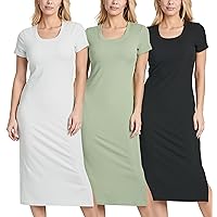 3 Pack: Women's Ribbed Jersey Crew Neck Short Sleeve Midi Length Dress with Side Slit