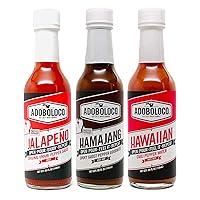 Adoboloco Hot Sauce Da Goods (3-Pack) 5oz Spicy Hamajang, Jalapeno, Hawaiian Chili Pepper Water Extremely Tasty Fiery Chili Pepper Sauce Bundle
