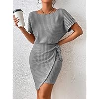 Women's Dress Batwing Sleeve Knot Side Wrap Hem Dress (Color : Gray, Size : Medium)