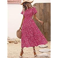 Women's Dress Allover Print Ruffle Hem Dress (Color : Hot Pink, Size : Large)