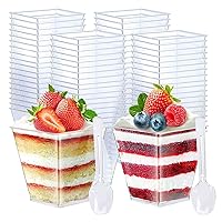 100 Pack 8 Oz Square Plastic Cups with Spoons, Appetizer Cups Clear Plastic Dessert Cups Small Tumbler Cups Disposable for Ice Cream, Fruit Puddings, Desserts, Wedding Party Catering Supplies