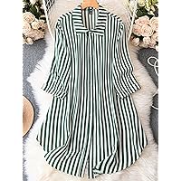Plus Women's Dress Plus Striped Print Shirt Dress (Color : Multicolor, Size : 3X-Large)