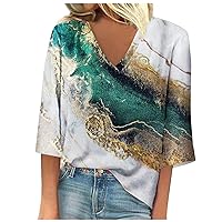 3/4 Sleeve Tops for Women Graphic Tees Dressy Shirts Casual Floral Print Trendy V Neck T Shirts Summer Blouses
