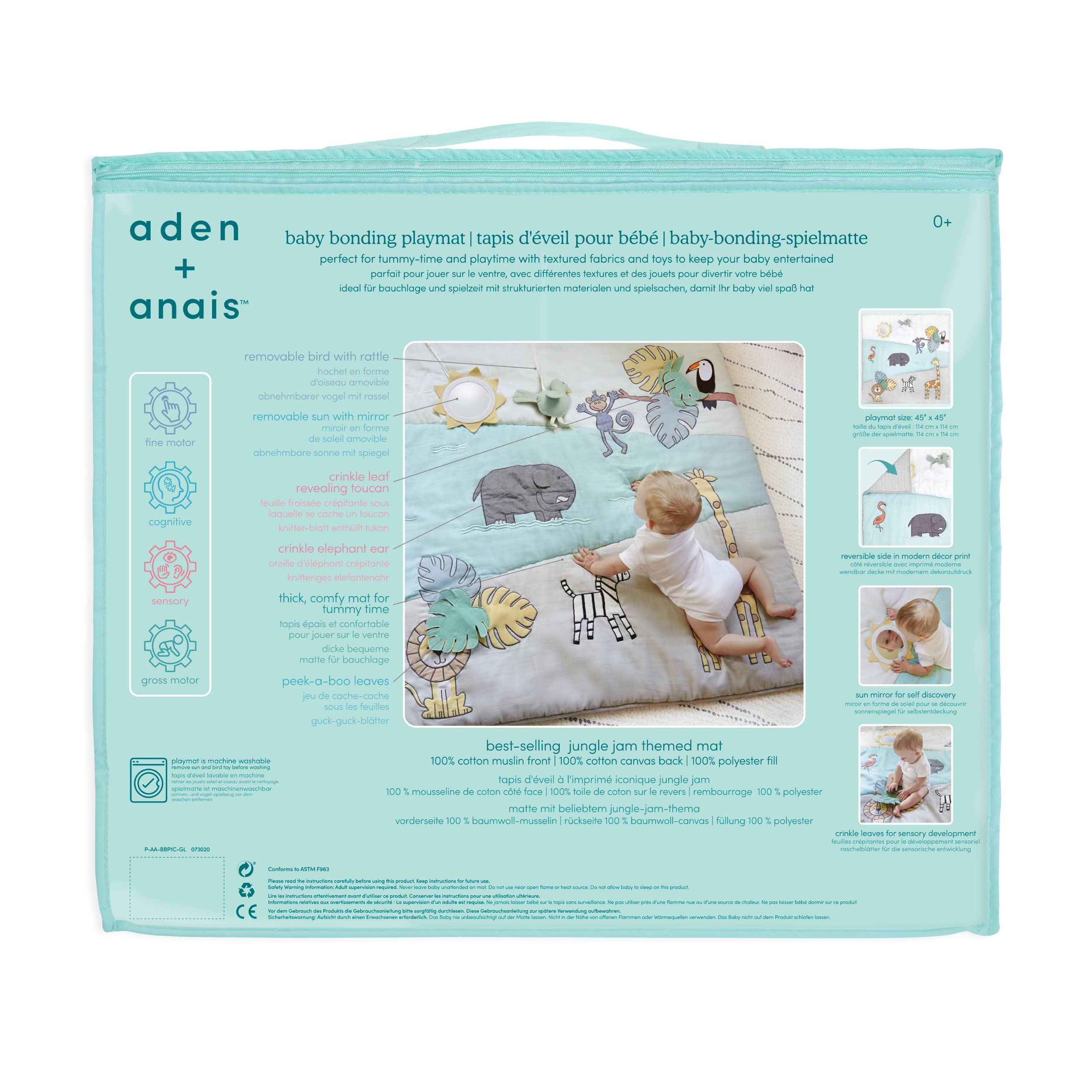 aden + anais Baby Bonding Playmat – Reversible 45” x 45” Cotton Muslin Infant Mat – Foldable Play & Tummy Time Cushion – Sensory Development Toys – Machine Washable - Non Toxic, PVC Free