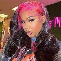 Pink Red Glueless Wigs Human Hair Pre Plucked 13x6 HD Lace Front Wigs Human Hair 180% Density Body Wave Human Hair Wigs for Black Women (26 inch,Pink roots)