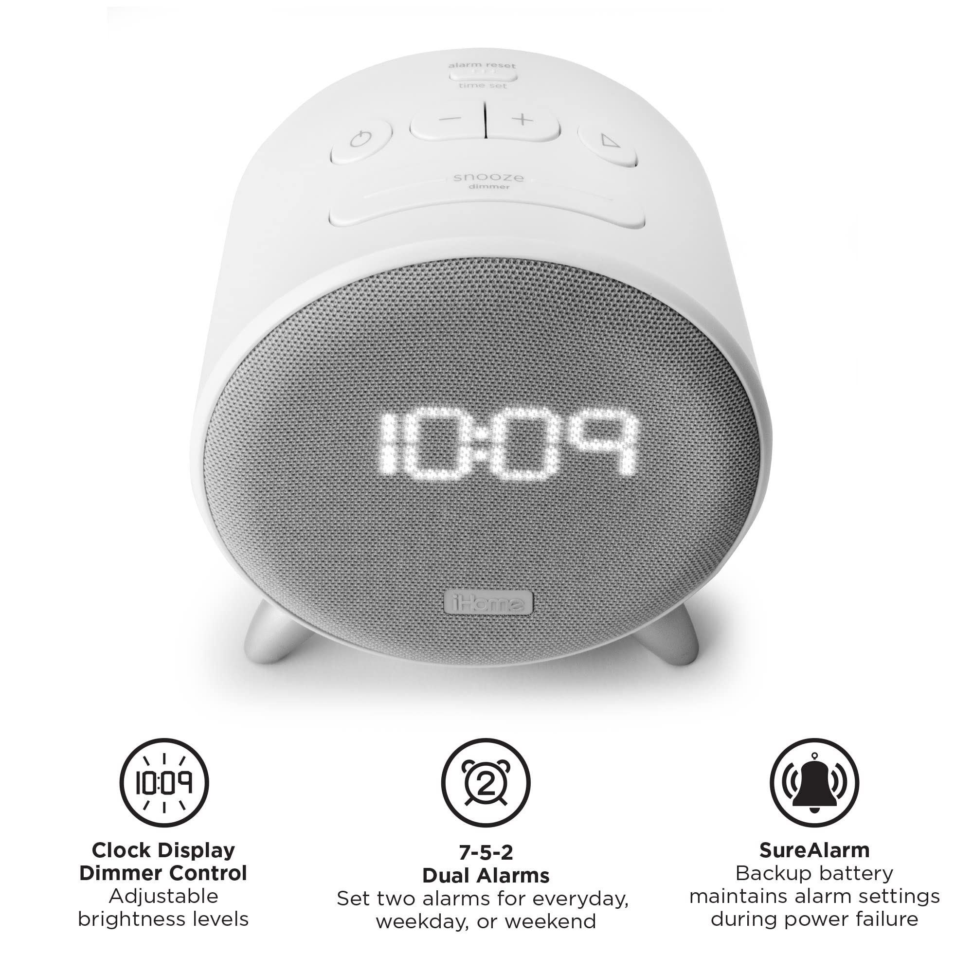 iHome Bluetooth Alarm Clock with 5W USB Charger, Dimmable LED Clock Display and Dual Alarms, Ideal for Bedroom, Home Office and Dorm Room