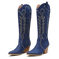 Arromic Cowboy Boots for Women, Western Cowgirl Boots for Women Knee High Tall Pointed Toe Embroidered Pull On Zipper Stitching Chunky Heel Fashion Boots
