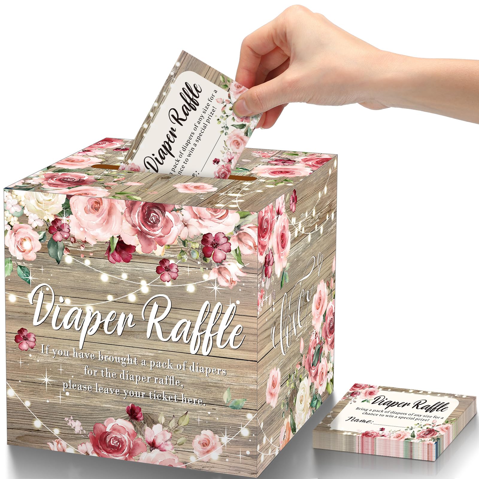 50 Pieces Floral Diaper Raffle Tickets for Baby Shower With Box Baby Shower Games Invitations Card Gender Reveal Diaper Raffle Sign Baby Shower Party Favor Decorations Bring A Pack of Diaper( Beige)