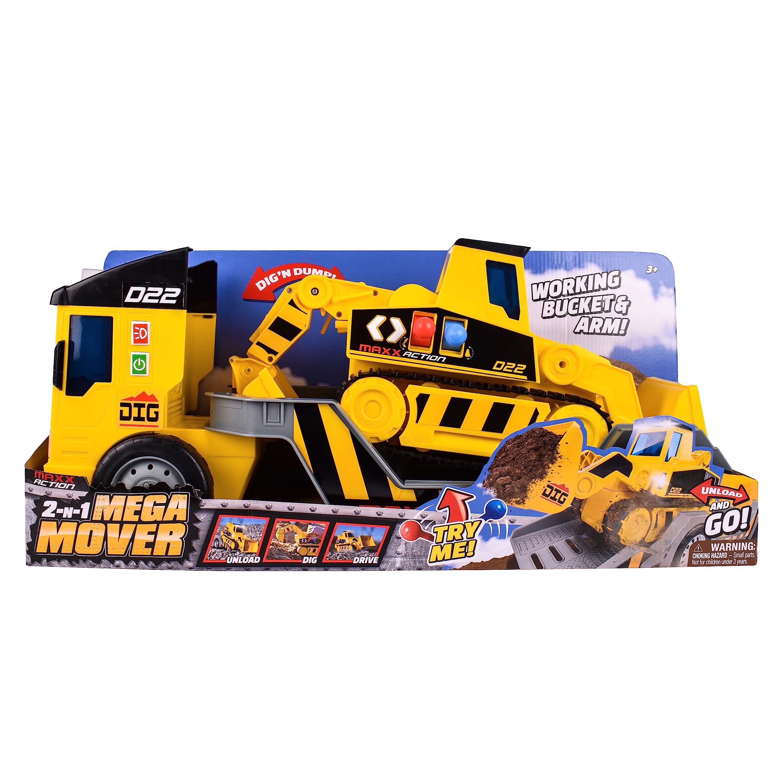 Sunny Days Entertainment Maxx Action 2-N-1 Mega Mover – Construction Truck and Trailer with Lights, Sounds and Motorized Drive