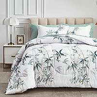 7 Pieces Bed in a Bag King Comforter Set with Sheets, Green Leaves on White Botanical Design Bedding Sets for All Season (1 Comforter, 2 Pillow Shams, 1 Flat Sheet, 1 Fitted Sheet, 2 Pillowcases)