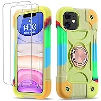 for iPhone 11 Case 6.1 Inch with Ring Stand, with 2 Pack Glass Screen Protector ，Heavy-Duty Shockproof Rugged Military Grade Cover with Magnetic Car Mount for iPhone 11 (Rainbow Green)