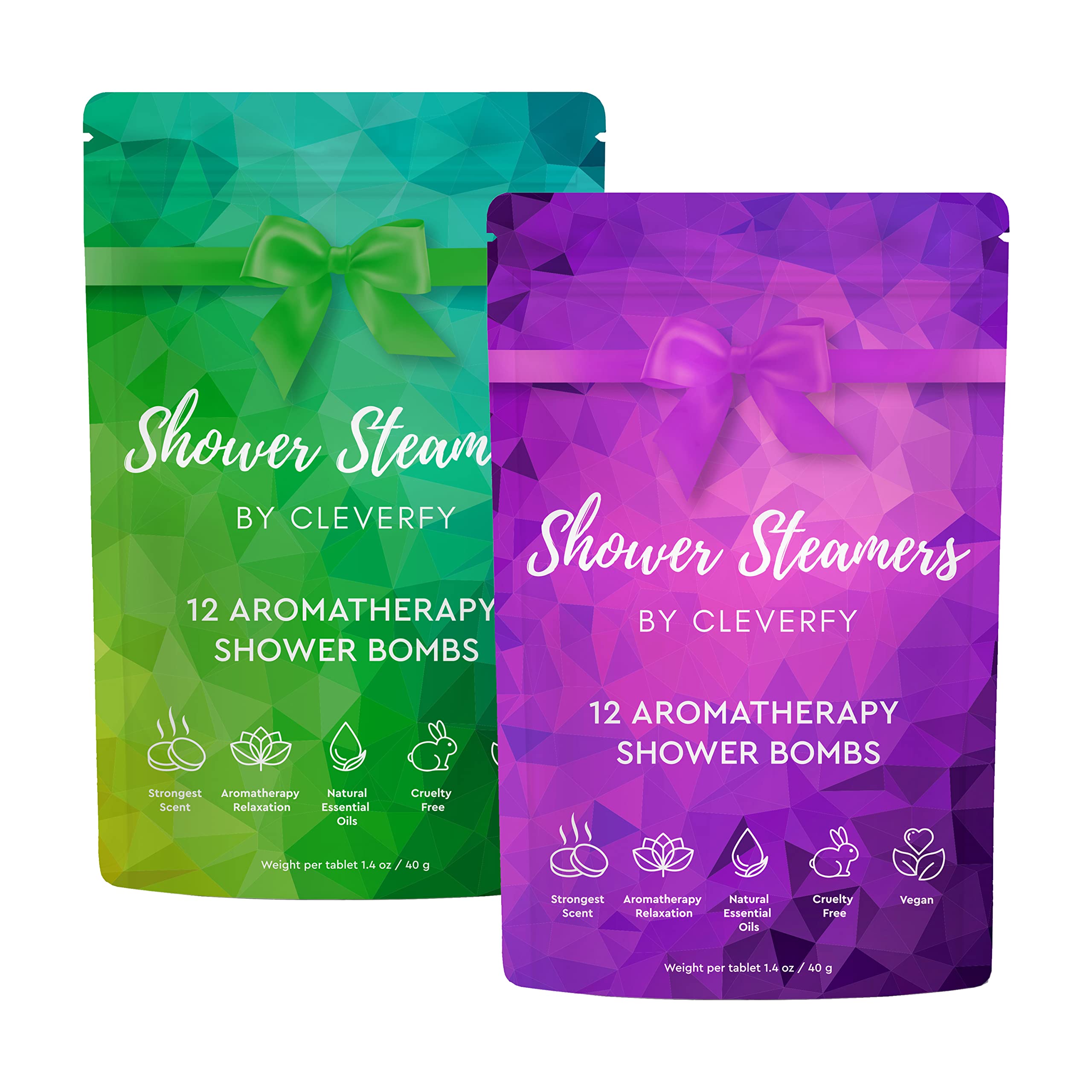 Cleverfy Shower Steamers Set of 2 Multipacks: Purple + Green. Each Pack Includes 12 Shower Bombs with Essential Oils for Relaxation, Stress and Sinus Congestion