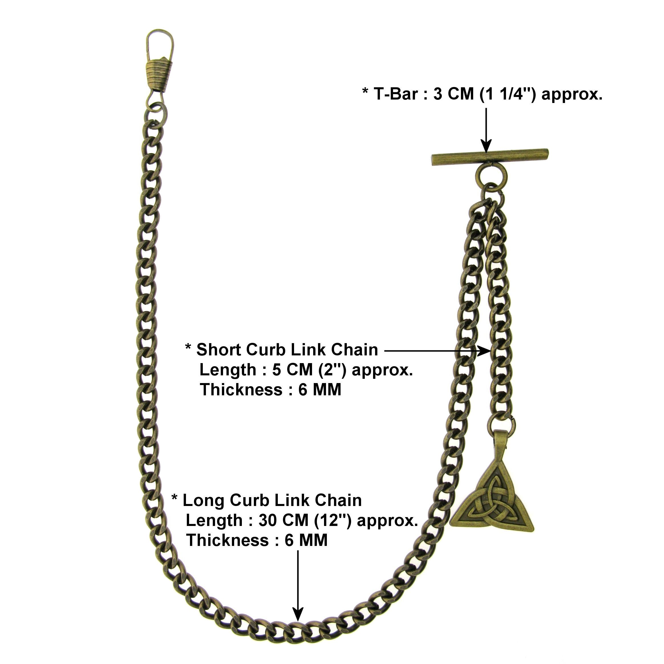 Albert Chain Pocket Watch Chains for Men Antique Brass Color with Celtic Knot Design Fob and T Bar AC29