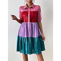 Dresses for Women - Color Block Ruffle Hem Metallic Shirt Dress (Color : Multicolor, Size : Small)