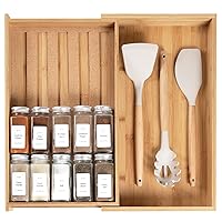 Spice Drawer Organizer with Expandable Storage. Holds up to 15 Spice Jars (Not Included), Non-Slip Feet, Kitchen Accessory Storage, 100% Sustainable Bamboo Wood