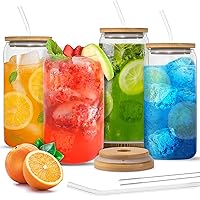 4 Set 20 Oz Drinking Glasses With Bamboo Lids And Straws, Borosilicate Glass  Tumbler Cups - Tall Clear Iced Coffee Cups For Smoothie, Water, Juice, Co