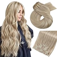 Moresoo Seamless Hair Extensions Clip in Human Hair Blonde Highlight Remy Seamless Clip in Hair Extensions Ash Blonde with Blonde PU Seamless Human Hair Clip in Extensions 14inch 7pcs 120g