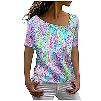 Women's Printed L-Neck Short Sleeve Top Blouse Summer Fashion Casual Tees Basic Loose Comfortable Bottom T Shirt