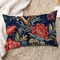 ArogGeld Navy Blue and Red Floral Farmhouse Throw Pillow Cover Botanical Burgundy Gold Olive Flower Lumbar Throw Pillow Cushion Chinoiserie Asian Double Side Accent Pillow 12x20in White Linen