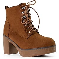 Women's Booties Block Heel Cleated Sole Lace up Platform Ankle Boots GD02