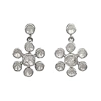 1.92 CTW Natural Diamond Polki Flower Dangles 925 Sterling Silver Platinum Plated Everyday Slice Diamond Earrings