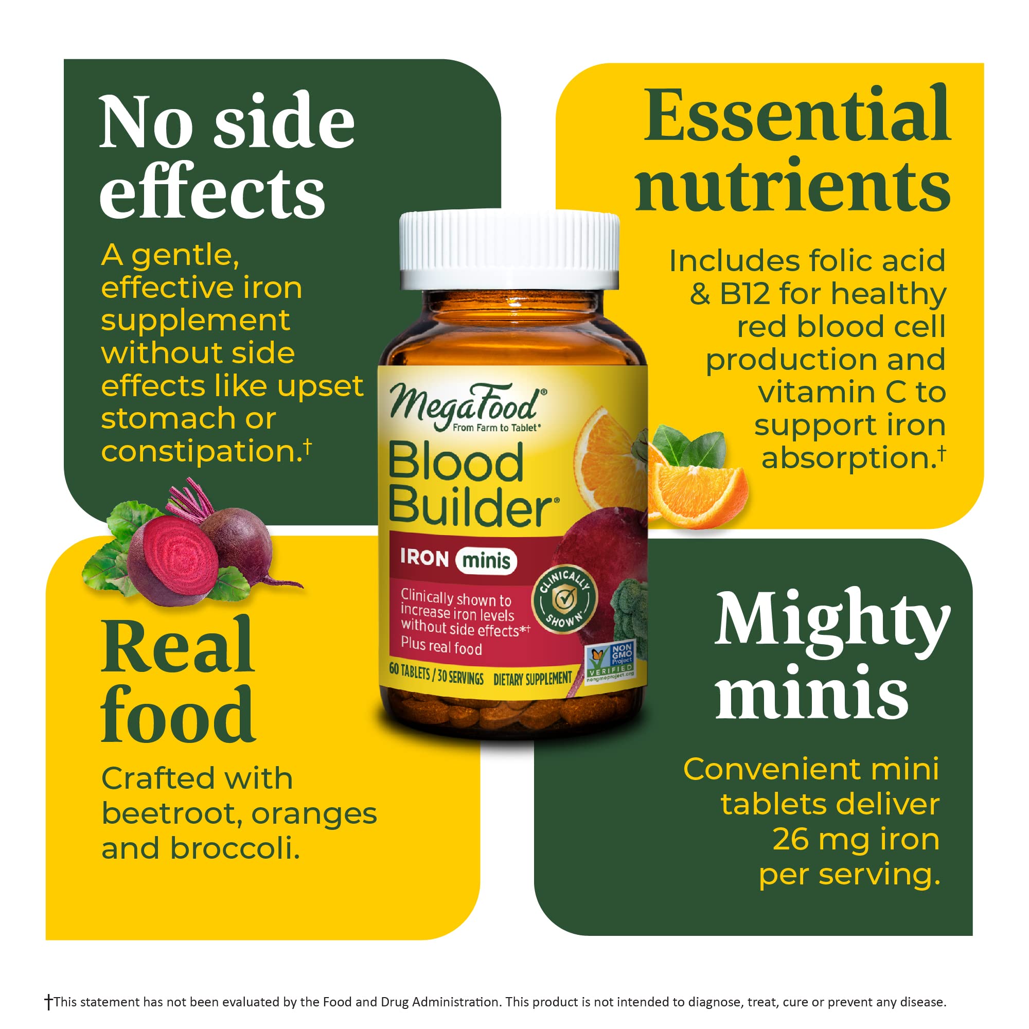MegaFood Blood Builder Minis - Iron Supplement Clinically Shown to Increase Iron Levels Without Side Effects - Iron with Vitamin C, Vitamin B12 & Folic Acid - Vegan - 72 Tablets (36 Servings)