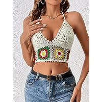 Women's Tops Shirts Sexy Tops for Women Floral Pattern Tie Backless Halter Neck Crop Knit Top Shirts for Women (Color : Multicolor, Size : Large)