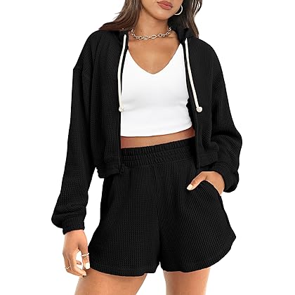 PRETTYGARDEN Womens 2024 Fall 2 Piece Tracksuit Outfits Waffle Knit Long Sleeve Zip Up Hoodie And Shorts Set Y2K Sweatsuit (Black,X-Large)