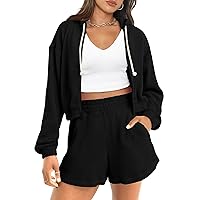 PRETTYGARDEN Women's 2024 Fall Two Piece Outfits Waffle Knit Tracksuit Long Sleeve Zip Up Hoodie And Shorts Set Y2K Sweatsuit