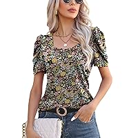 Ivicoer Square Neck Puff Sleeve Summer Tops Casual T Shirts Short Sleeve Tunic Blouses for Women Loose Fit S-XXL
