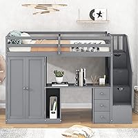 LCH Size Stairs Wardrobe, Wooden Twin Loft Bed with Desk and Storage Drawers and Cabinet in 1 for Girls Boys Teens, No Box Spring Needed, Grey