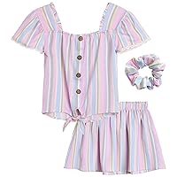 Girls' Skirt Set - 2 Piece Crepe Skirt and Short Sleeve Button Down Crop Top with Scrunchie (Size: 7-12)