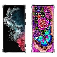 Galaxy S24 Ultra Case,Blue Butterfly Flowers Rose Drop Protection Shockproof Case TPU Full Body Protective Scratch-Resistant Cover for Samsung Galaxy S24 Ultra