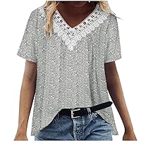 Women Lace Hollow Out V Neck Bohemian Casual T-Shirts Summer Short Sleeve Loose Fit Fashion Comfy Tunic Tee Tops