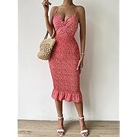 Summer Dresses for Women 2022 Plant Print Twist Front Cut Out Shirred Mermaid Hem Cami Dress Dresses for Women (Color : Red, Size : X-Small)