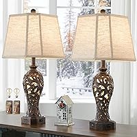 Set of 2 Farmhouse Table Lamps for Living Room, Rustic Vintage Nightstand Lamp with 2 USB Port, Bronze Resin Lamps for Bedroom End Table with Hollow Out Nightlight, 2 Bulbs Included