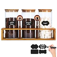 Glass Coffee Containers Airtight Coffee Bean Storage Jars with Shelf, 3Pcs 44oz Coffee Station Organizer Coffee Canisters, Kitchen Food Storage Jars for Coffee, Sugar, Candy, Oats, Nuts