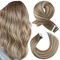 Moresoo Ombre Tape in Hair Extensions Human Hair Blonde Tape in Extensions Balayage Ash Brown to Blonde Mix with Light Blonde Tape in Human Hair Extensions Glue in 22 Inch #8/22/8 20pcs 50g