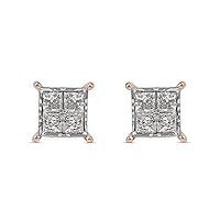 10KT Gold 2CT TDW Princess Shape Diamond Quad Stud Earring with Miracle Plate, A Love Gift for Women (I-J, I2)