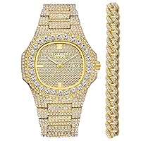 Luxury Diamond Watch Set Iced Out Bling Cuban Link Chain Silver/Gold Bracelet Necklace Bust Down Quartz Analog Watch Unisex